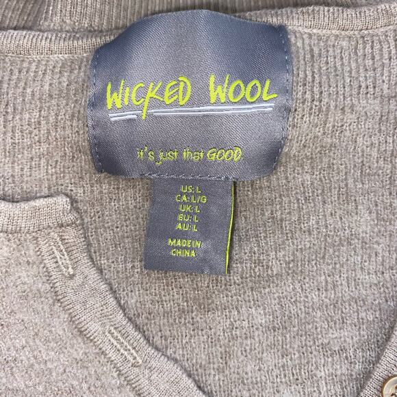 Wicked Wool Sweater M Tan Merino Wool Henley Button Neck Pullover Classic Read - Picture 3 of 10